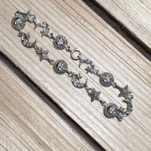 Sterling Silver Moon, Sun, and stars with faces Bracelet. 7”
